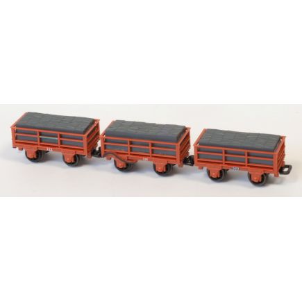 Peco GR322 OO-9 Pack Of 3 Ffestiniog Railway 2 Ton Slate Wagons Red 2 Unbraked And 1 Braked