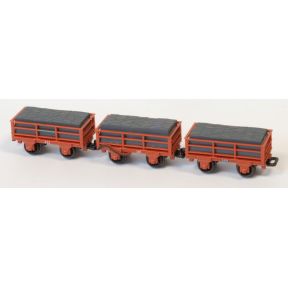 Peco GR322 OO-9 Pack Of 3 Ffestiniog Railway 2 Ton Slate Wagons Red 2 Unbraked And 1 Braked