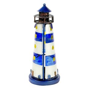 SDL 55174 Stained Glass Lighthouse Blue with Tealight Holder